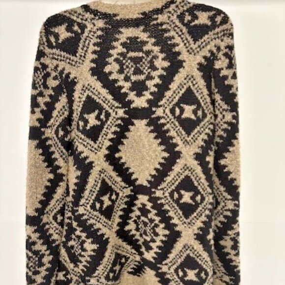 Cato Beige Black Gold Metallic L Drape Open Front Tribal Cardigan Fringe Boho - Picture 6 of 9